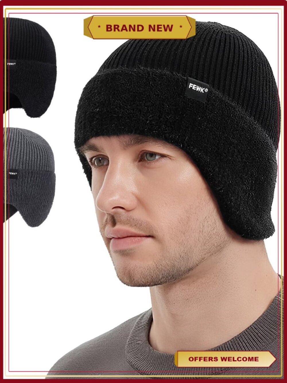 Fleece Lined Winter Beanie Hat with Earflap, Warm Knit Skull Cap